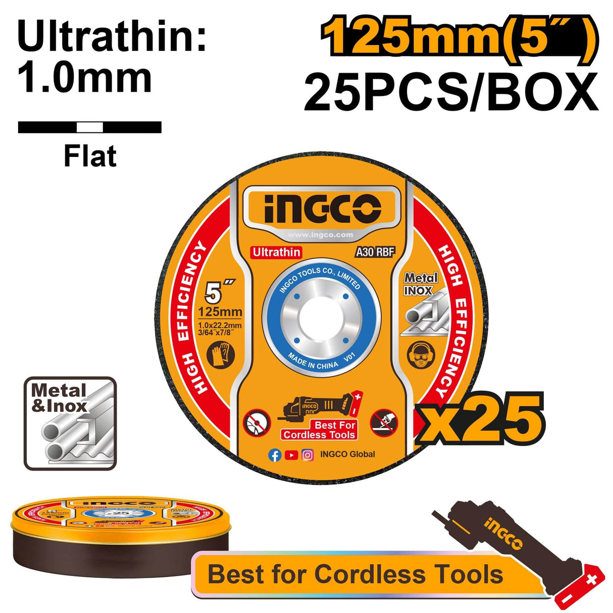 Ingco Grinding & Cutting Wheels Ingco 25-Pieces Ultra-thin Metal Cutting Disc Set 125mm x 1.0mm - MCD1012525