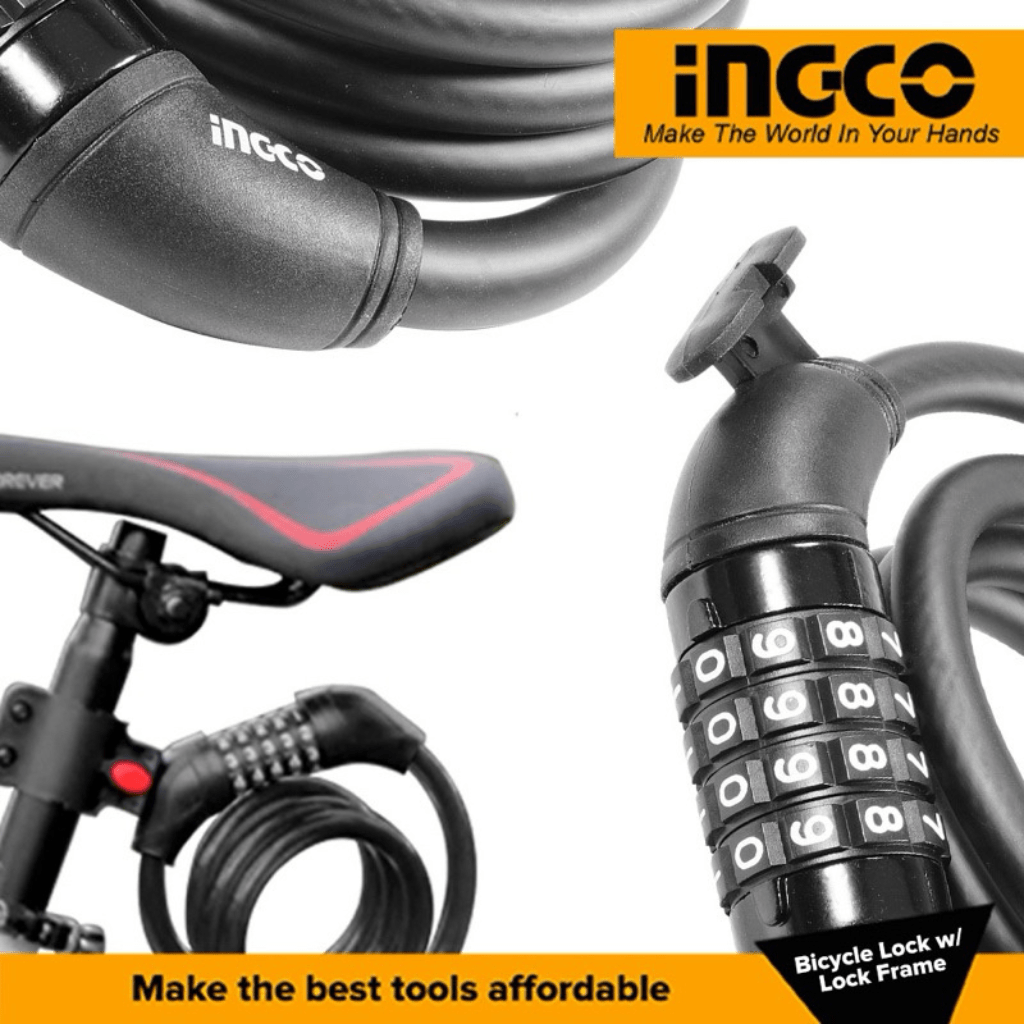 Ingco Padlocks & Accessories Ingco 4-Digit Combination Bicycle Lock with PVC Coated Braided Cable – DBK21012