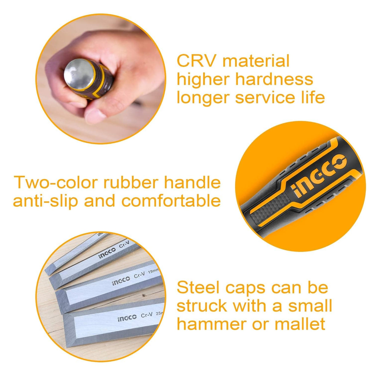 Ingco Chisels Files Planes & Punches Ingco 4-Piece Wood Chisel Set with CR-V Blade - HKTWC0401