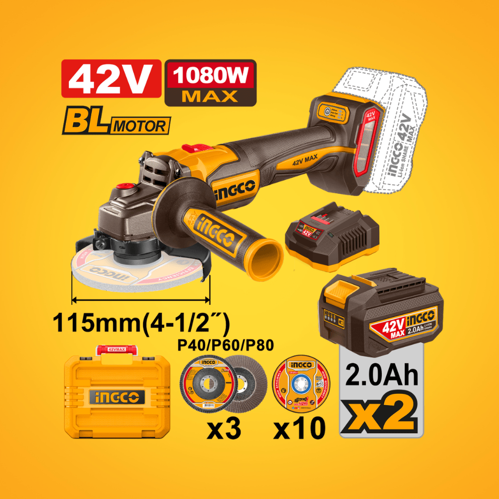 Ingco Grinder Ingco 42V Lithium-Ion Cordless Angle Grinder with Brushless Motor - CAGLI4108112