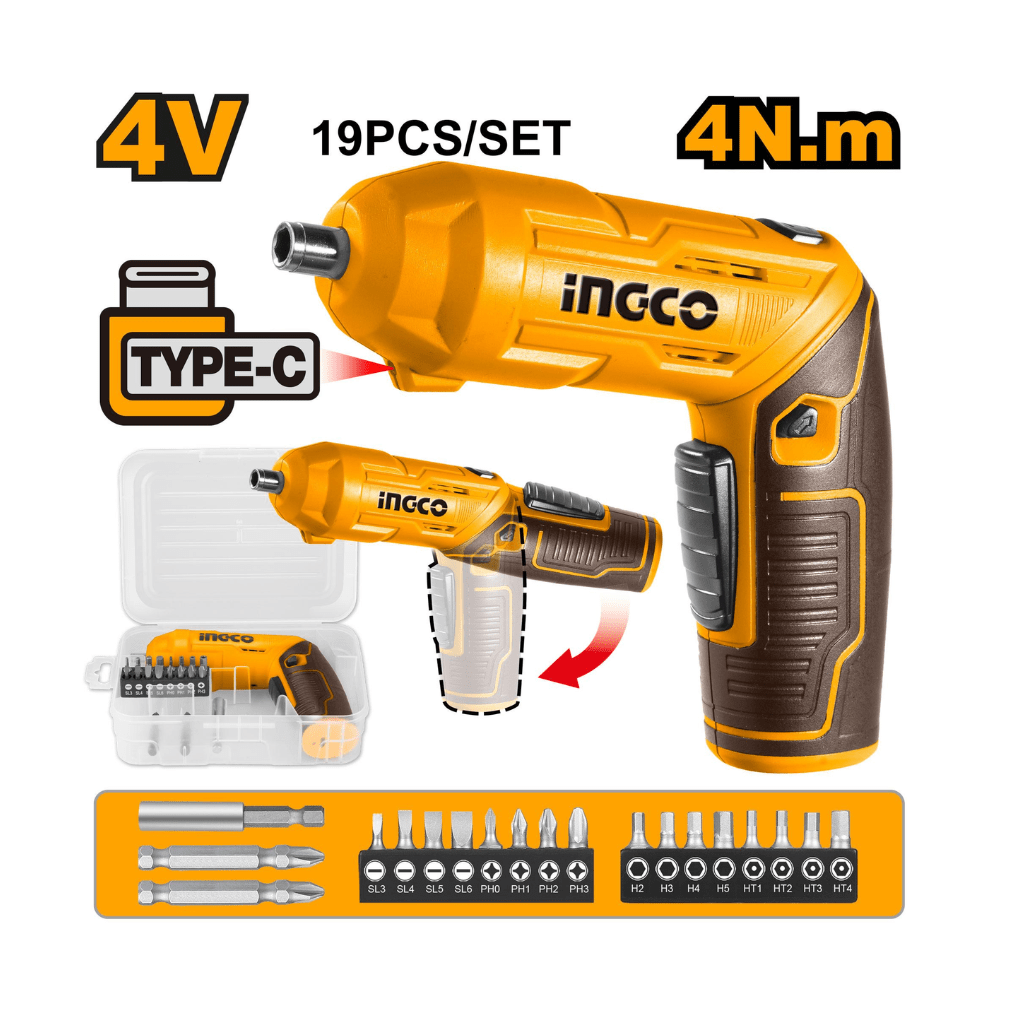 Ingco Powered Screwdriver Ingco 4V Lithium-Ion Cordless Screwdriver with Adjustable Handle & Work Light – CSDLI0442