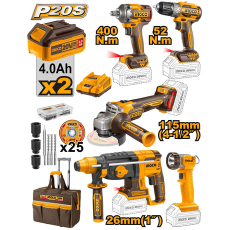 Ingco Power Tool Combo Kit Ingco 5 Pieces Cordless Industrial Combo Kit 20V With 2 Pieces 4.0Ah Battery - CKLI2058