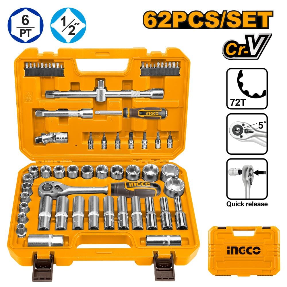 Ingco Sockets & Hex Keys Ingco 62 Pieces 1/2″ Socket Set - HKTS12602