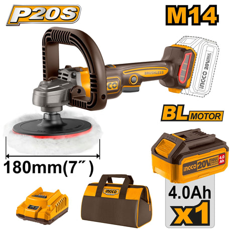 Ingco Automotive Accessories & Maintenance Ingco 7" Lithium-Ion Cordless Angle Polisher 20V 4.0Ah - APLI20181