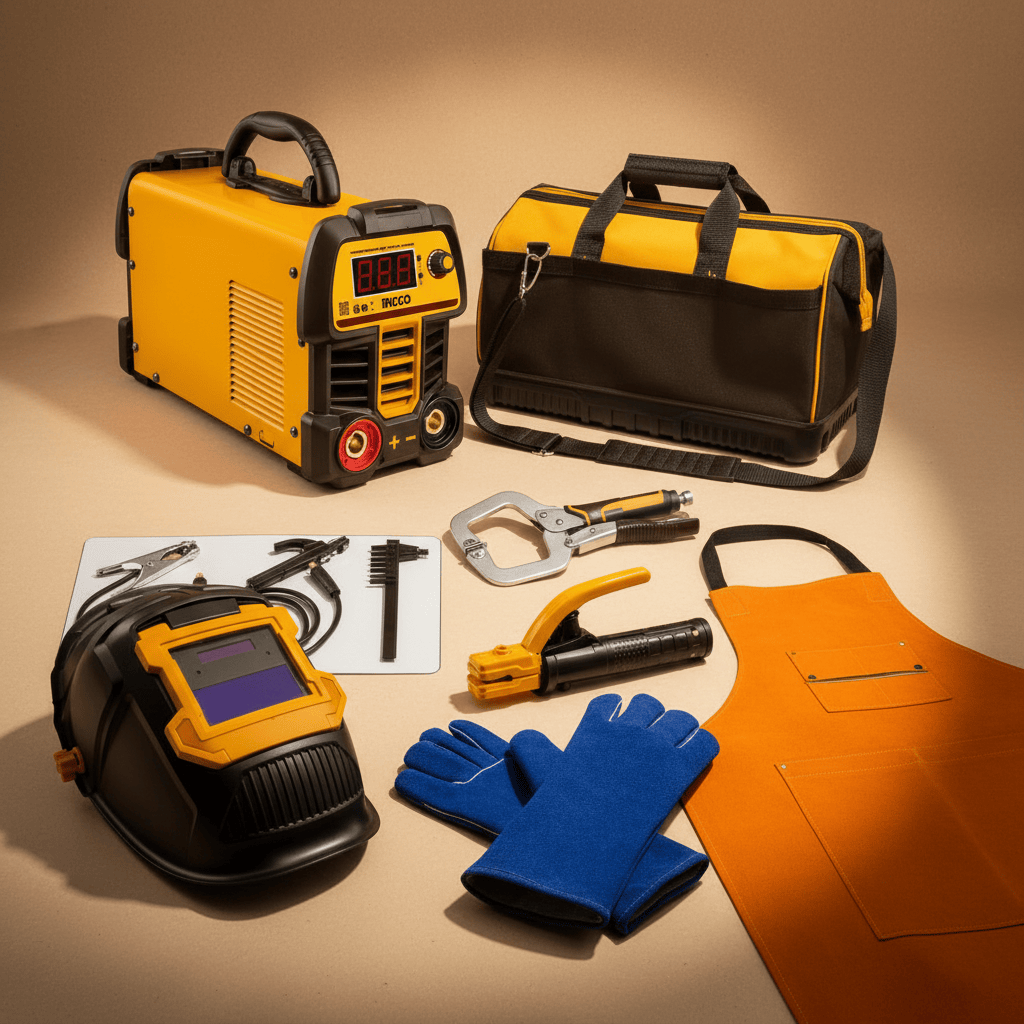 Ingco Welding Machine & Accessories Ingco 7 Pieces MMA Welding Machine Tools Set 200A with Auto-Darkening Welding Helmet & Accessories - COS25075