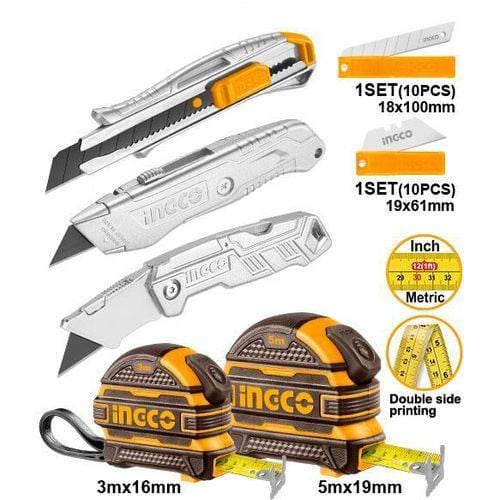 Ingco Specialty Hand Tools Ingco 7 Pieces Steel Measuring Tape & Utility Knife Set - HMK23036