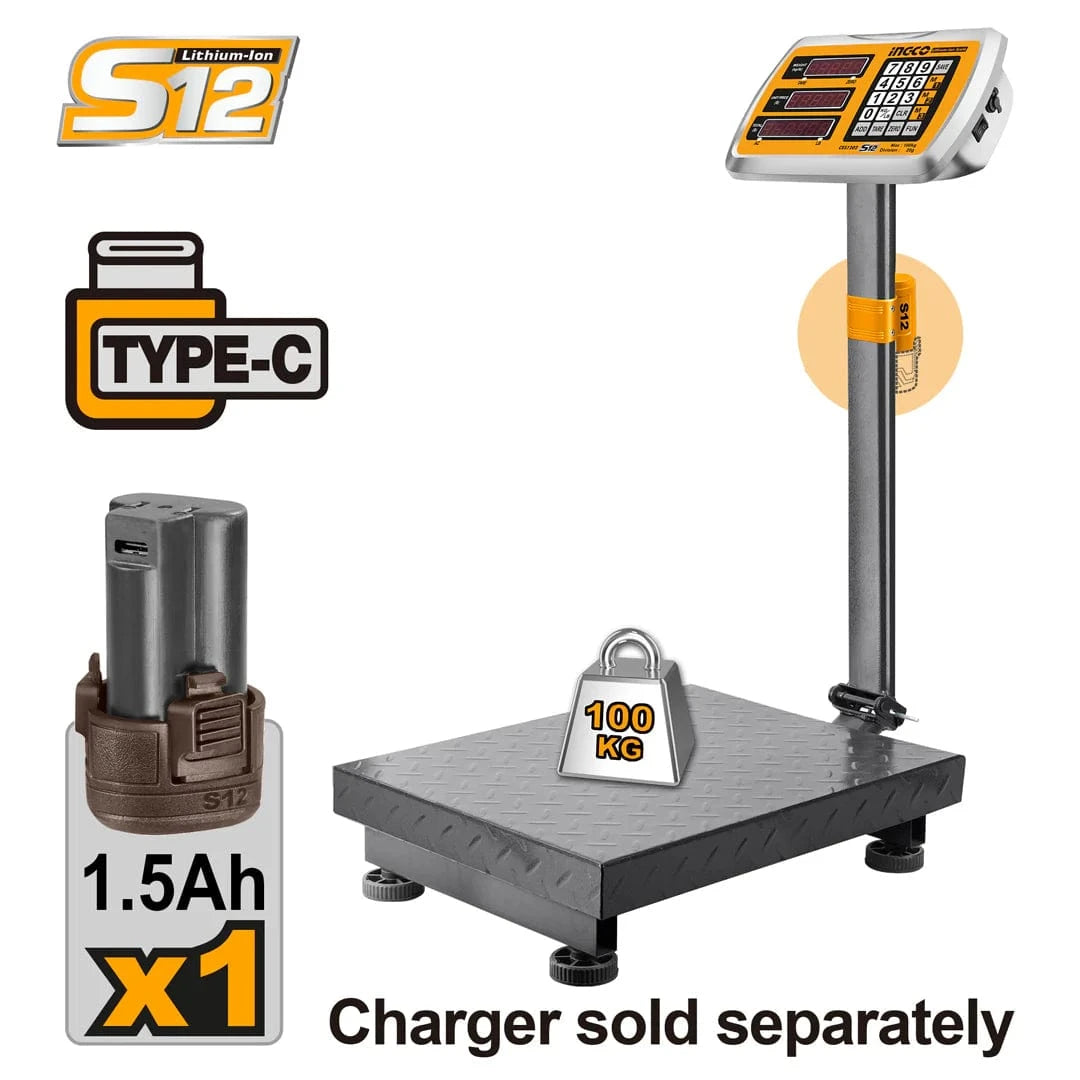 Ingco Digital Meter Ingco Cordless 100kg Lithium-Ion Scale with 12V 1.5Ah Battery – CES1302