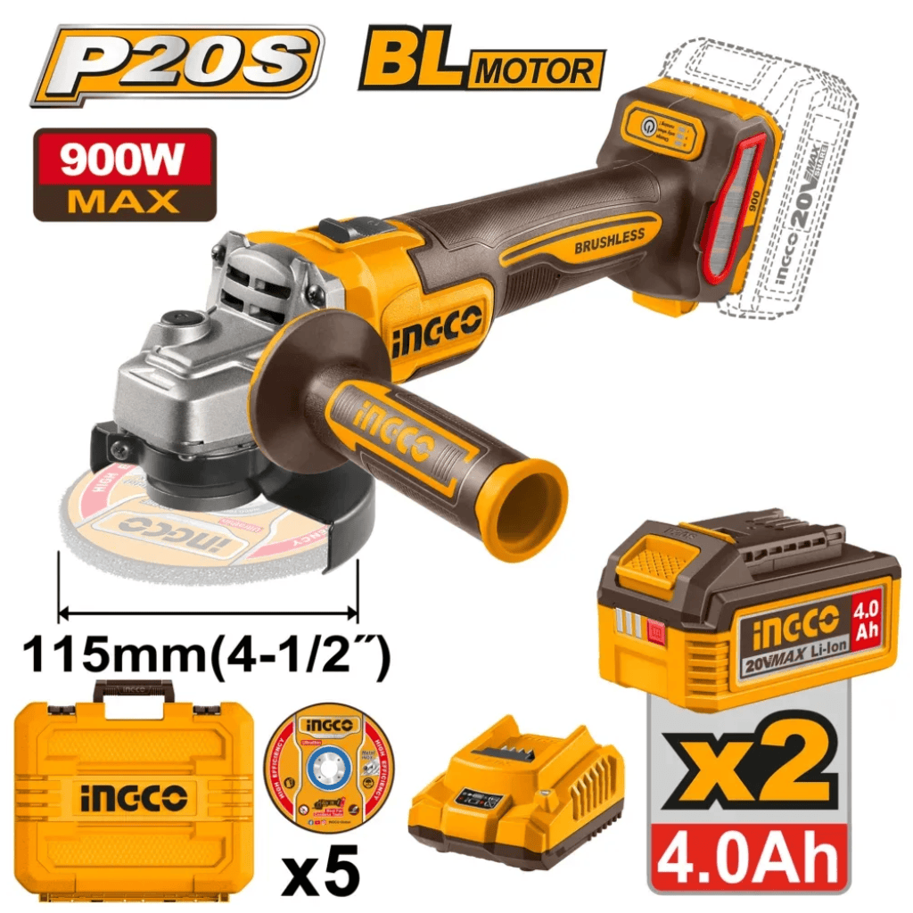 Ingco Grinder Ingco Cordless 20V Lithium-ion Angle Grinder 3 Speed Brushless 115mm 900W Kit-  CAGLI261522