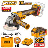 Ingco Grinder Ingco Cordless 20V Lithium-ion Angle Grinder 3 Speed Brushless 115mm 900W Kit-  CAGLI261522