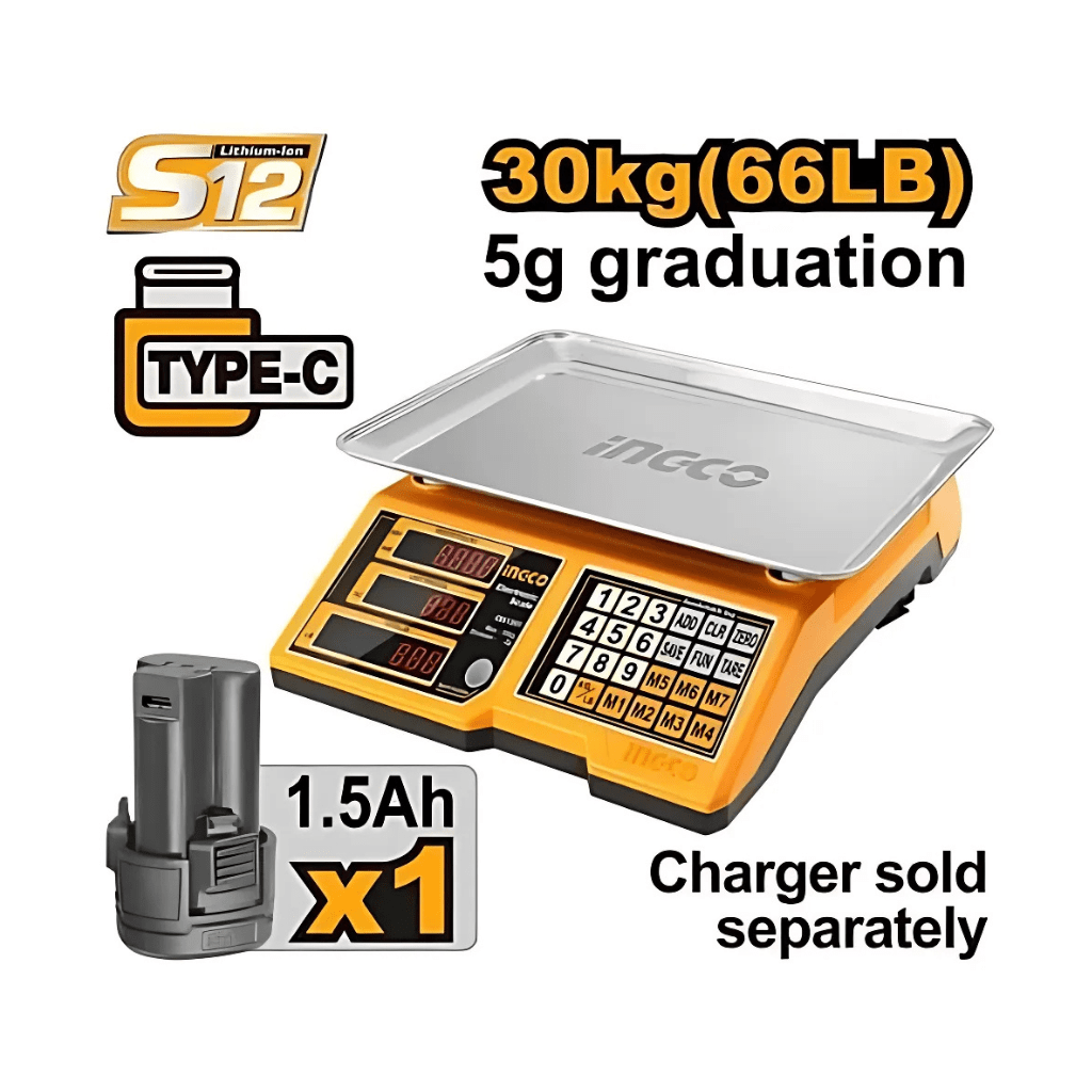 Ingco Digital Meter Ingco Cordless 30kg Lithium-Ion Scale with 12V 1.5Ah Battery – CES1301