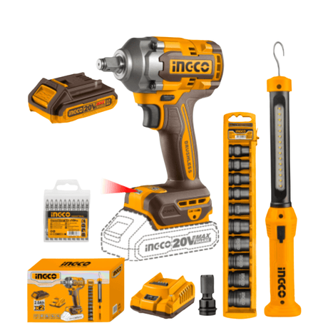 Ingco Power Tool Combo Kit Ingco Cordless Impact Wrench 400Nm + Two 20V Batteries + Socket Set + Work Lamp - COSLI23048