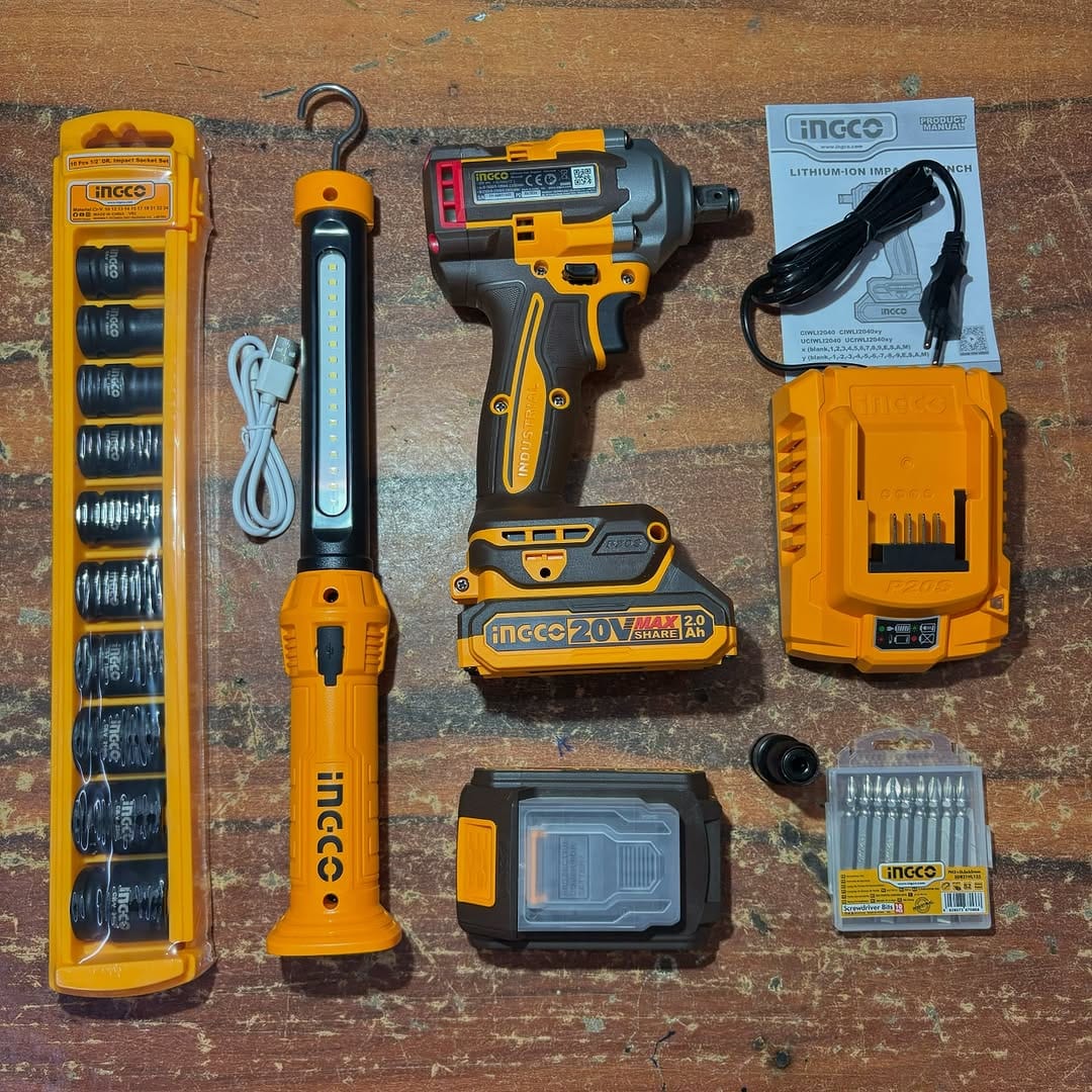 Ingco Power Tool Combo Kit Ingco Cordless Impact Wrench 400Nm + Two 20V Batteries + Socket Set + Work Lamp - COSLI23048