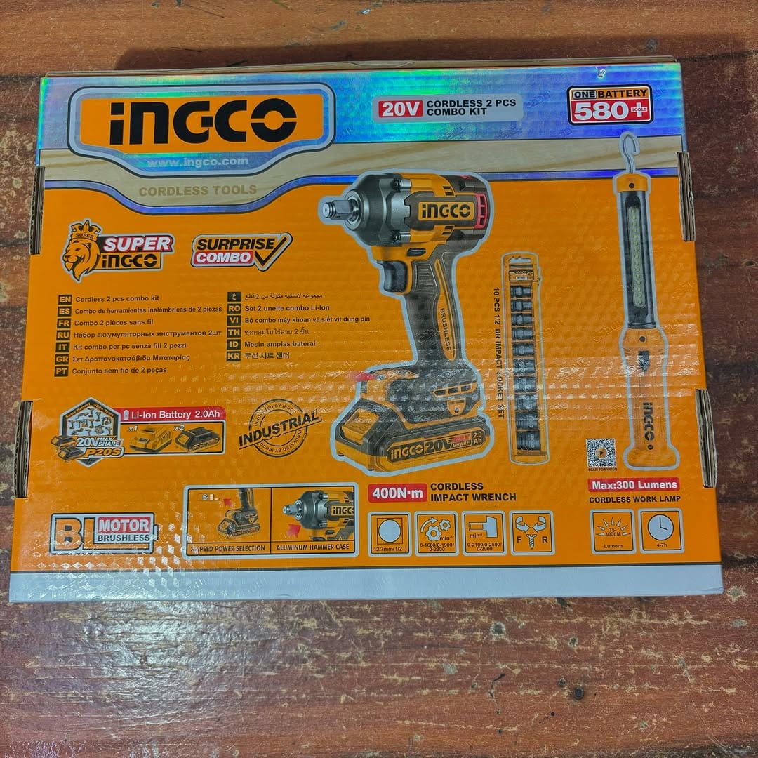 Ingco Power Tool Combo Kit Ingco Cordless Impact Wrench 400Nm + Two 20V Batteries + Socket Set + Work Lamp - COSLI23048