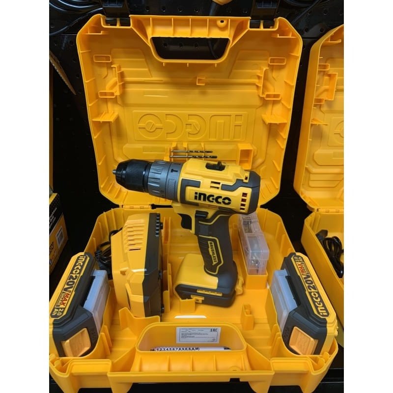 Ingco Drill Ingco Lithium-Ion Brushless Cordless Hammer Impact Drill with Two 20V 2.0Ah Batteries & Charger - CIDLI20508