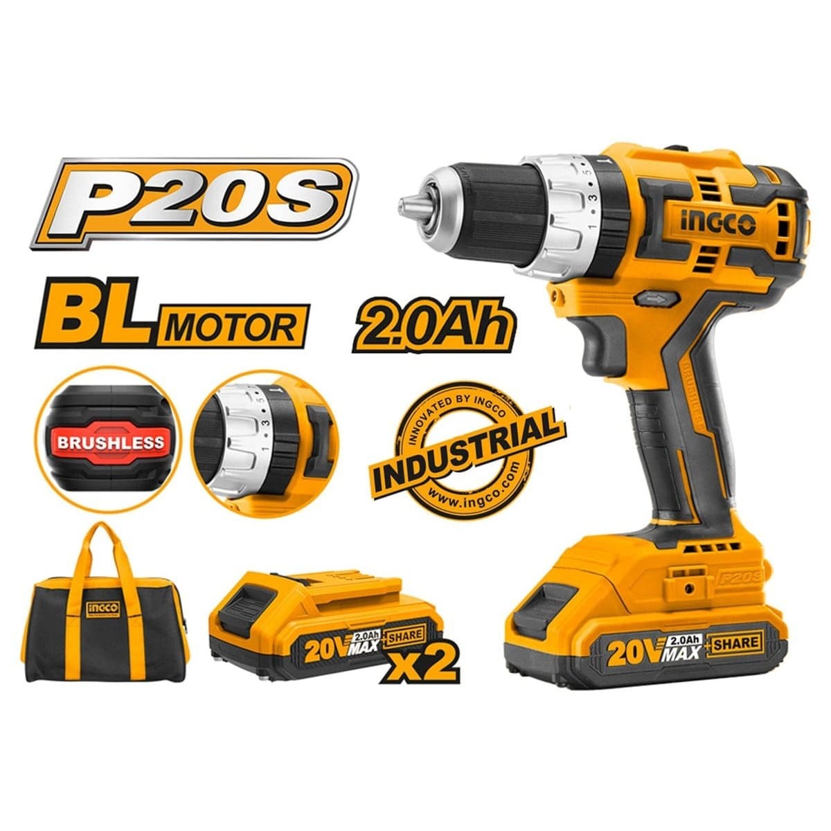 Ingco Drill Ingco Lithium-Ion Brushless Cordless Hammer Impact Drill with Two 20V 2.0Ah Batteries & Charger - CIDLI20605