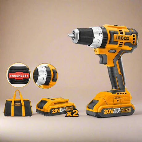 Ingco Drill Ingco Lithium-Ion Brushless Cordless Hammer Impact Drill with Two 20V 2.0Ah Batteries & Charger - CIDLI20605