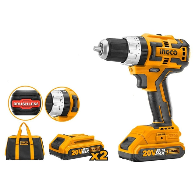 Ingco Drill Ingco Lithium-Ion Brushless Cordless Hammer Impact Drill with Two 20V 2.0Ah Batteries & Charger - CIDLI20605