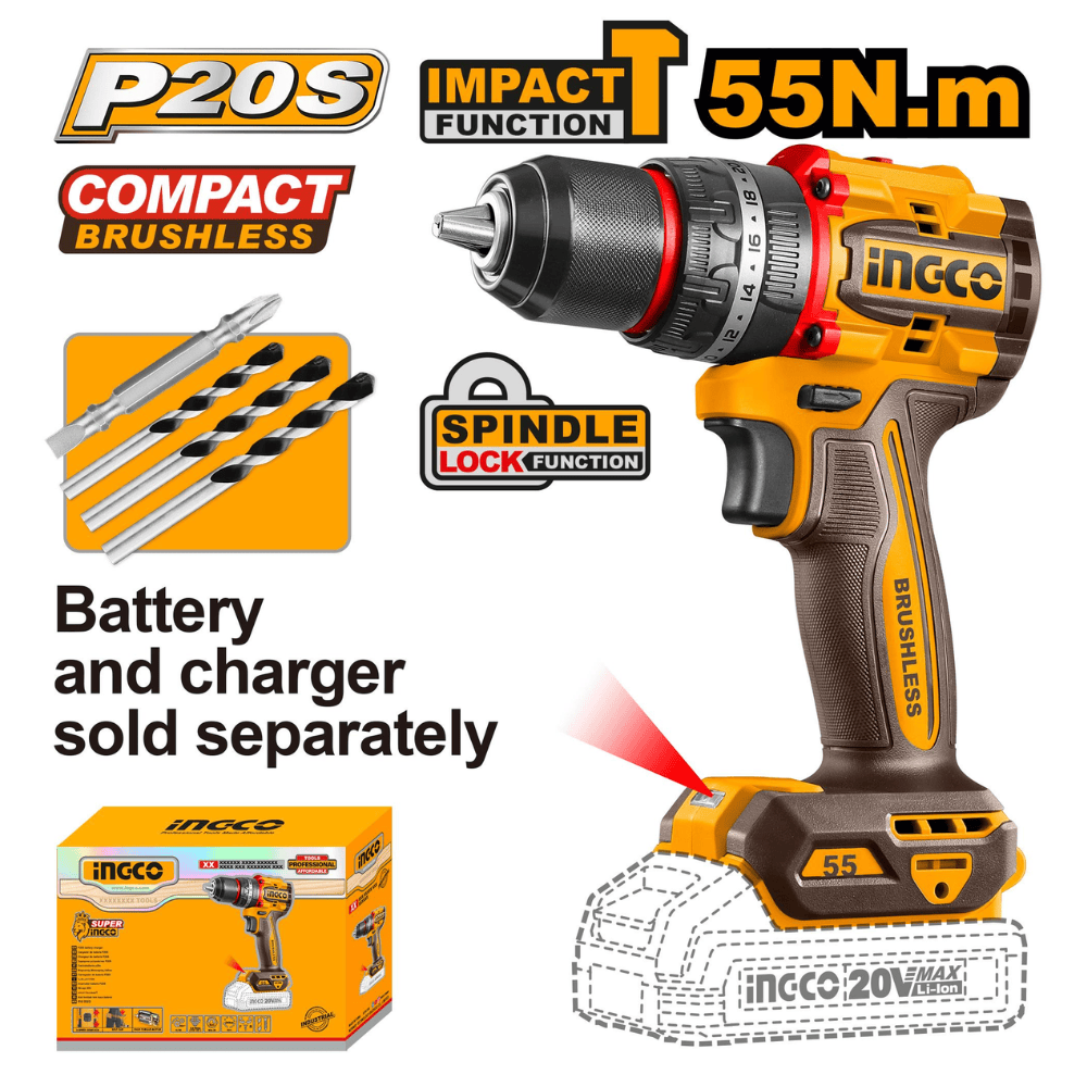 Ingco Drill Ingco Lithium-Ion Compact Brushless Cordless Impact Drill - CIDLI205581