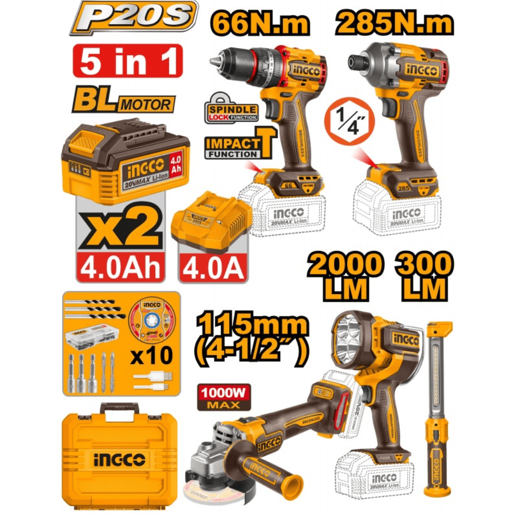 Ingco Power Tool Combo Kit Ingco LIthium - Ion Cordless 5 pieces  Combo Kit – COSLI250692