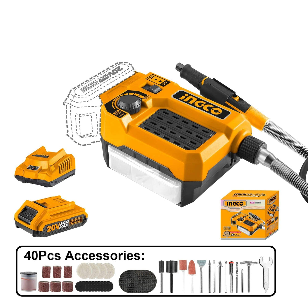 Ingco Grinder Ingco Lithium-Ion Cordless Die Grinder with 20V 2.0Ah Battery & Charger - CMGLI20011