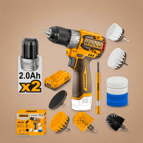 Ingco Drill Ingco Lithium-Ion Cordless Drill 16V 60Nm + 2 Pieces 20V Batteries + 11 Pieces Cleaning Brush Set - COSLI240786