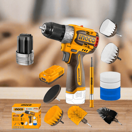 Ingco Drill Ingco Lithium-Ion Cordless Drill 16V 60Nm + 2 Pieces 20V Batteries + 11 Pieces Cleaning Brush Set - COSLI240786