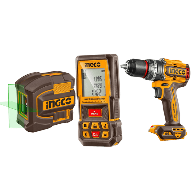 Ingco Power Tool Combo Kit Ingco Lithium-ion Cordless Drill 20V 76Nm + 2 Battery + Laser Level 35m + Distance Detector 70m Combo Kit - COSLI250511
