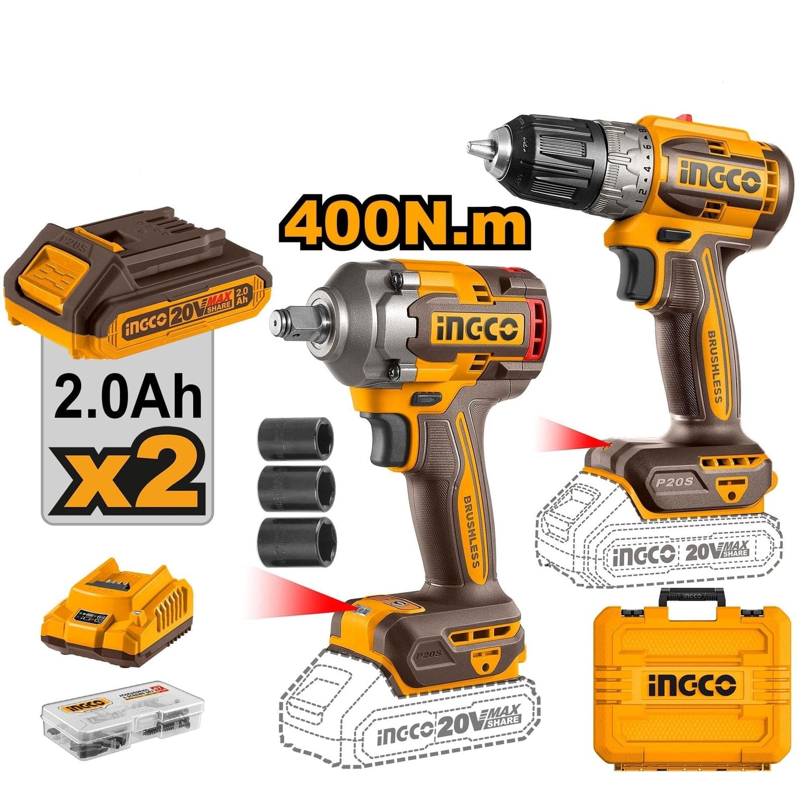 Buy Ingco 20V Lithium Ion Cordless Drill Impact Wrench Combo Kit CKLI20271 Shop at Supply Master Accra Ghana