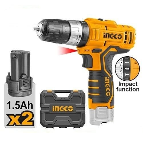 Ingco Drill Ingco Lithium-Ion Cordless Hammer Impact Drill with Two 12V 1.5Ah Batteries & Charger - CIDLI12201