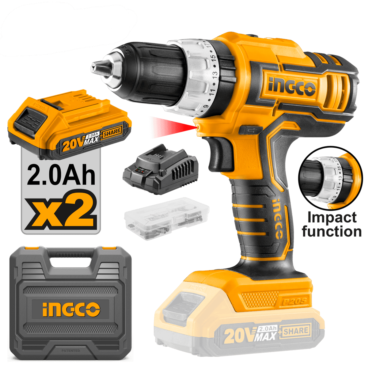 Ingco Drill Ingco Lithium-Ion Cordless Hammer Impact Drill with Two 20V 2.0Ah Batteries & Charger - CIDLI20031