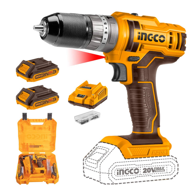 Ingco Drill Ingco Lithium-Ion Cordless Hammer Impact Drill with Two 20V 2.0Ah Batteries & Charger - CIDLI201452