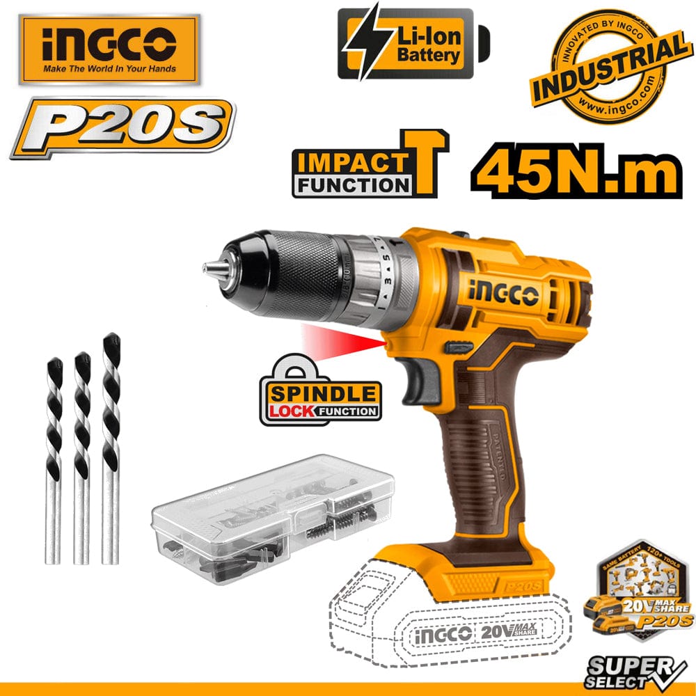 Ingco Drill Ingco Lithium-Ion Cordless Hammer Impact Drill with Two 20V 2.0Ah Batteries & Charger - CIDLI201452