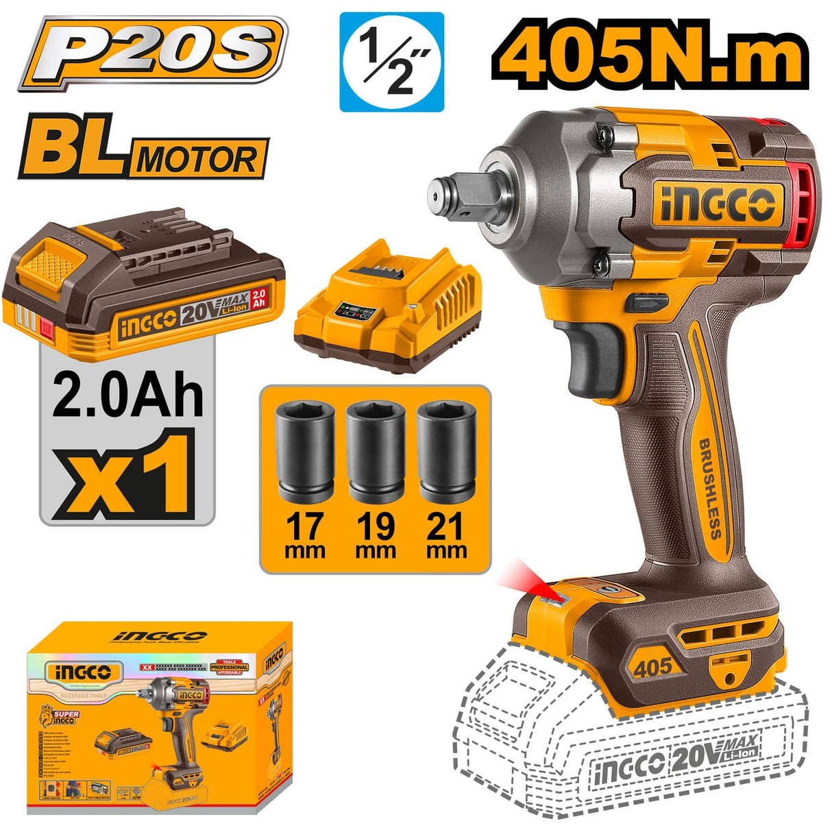 Ingco Impact Wrench & Driver Ingco Lithium-Ion Cordless Impact Wrench With Battery And Charger - CIWLI20455