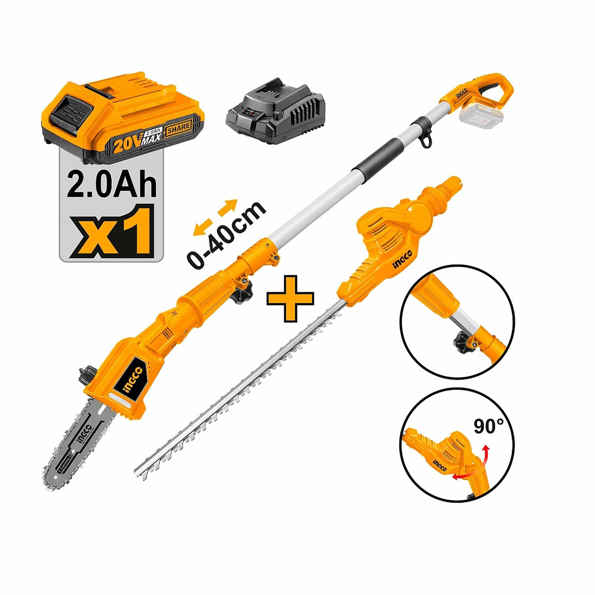 Ingco Trimmer Ingco Lithium-Ion Cordless Pole Saw with Pole Hedge Trimmer with 20V 2.0Ah Battery & Charger - CPTS201681