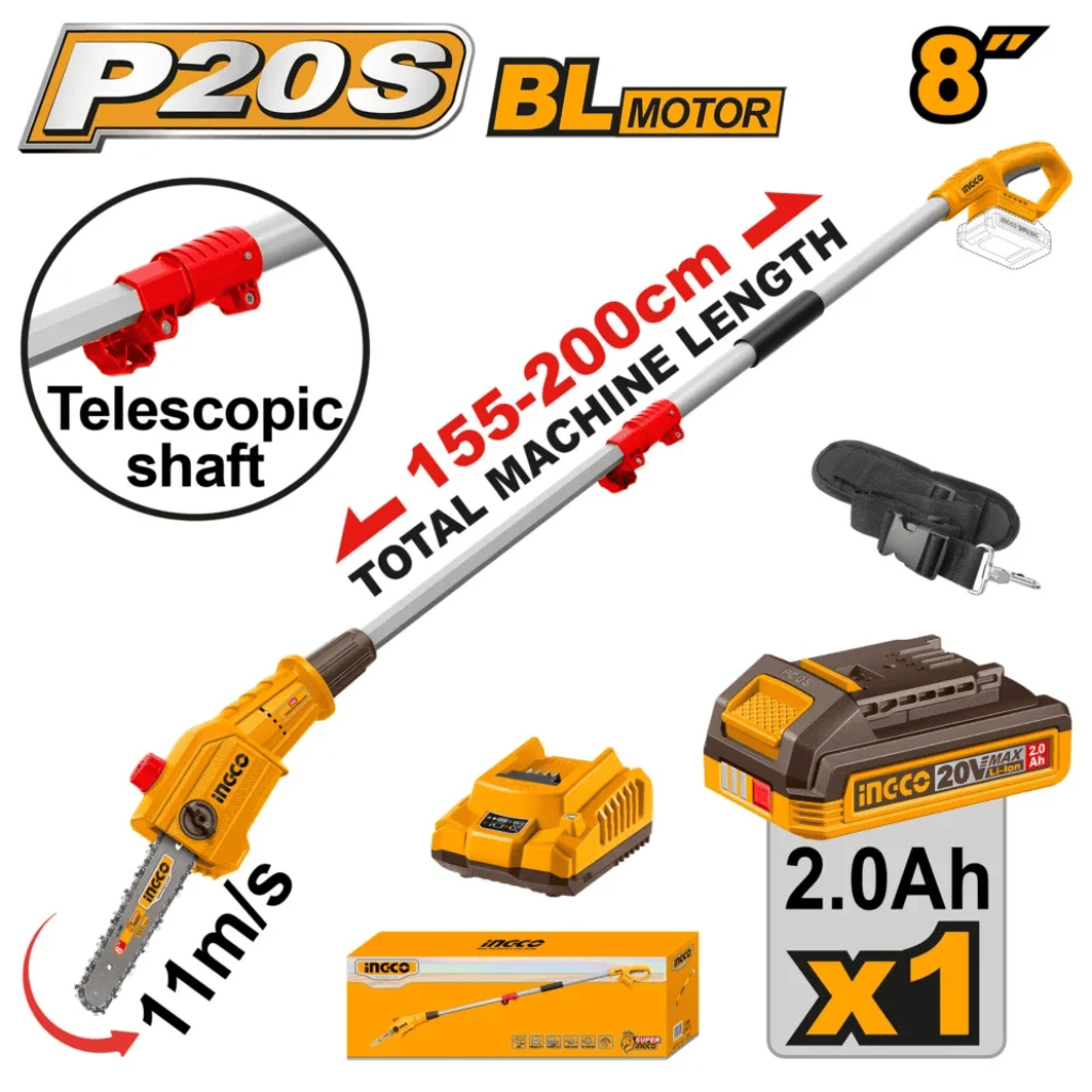 Ingco Trimmer Ingco Lithium-Ion Cordless Telescopic Pole Saw With 8″ (20cm) Bar 2.0Ah Battery + Charger - PSLI20281