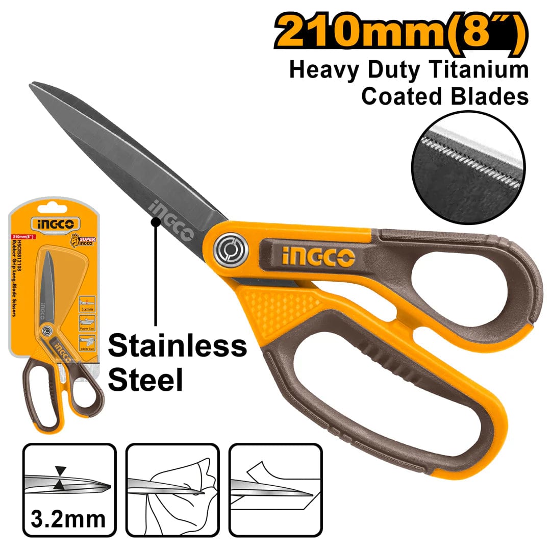 Ingco Hand Saws & Cutting Tools Ingco Rubber Grip Long-Blade Stainless Steel Scissors - HSCRS812108 & HSCRS832558