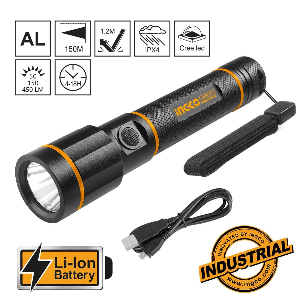 Ingco Specialty Safety Equipment Ingco Waterproof Rechargeable LED Flashlight 450 Lumens - HCFL1865051