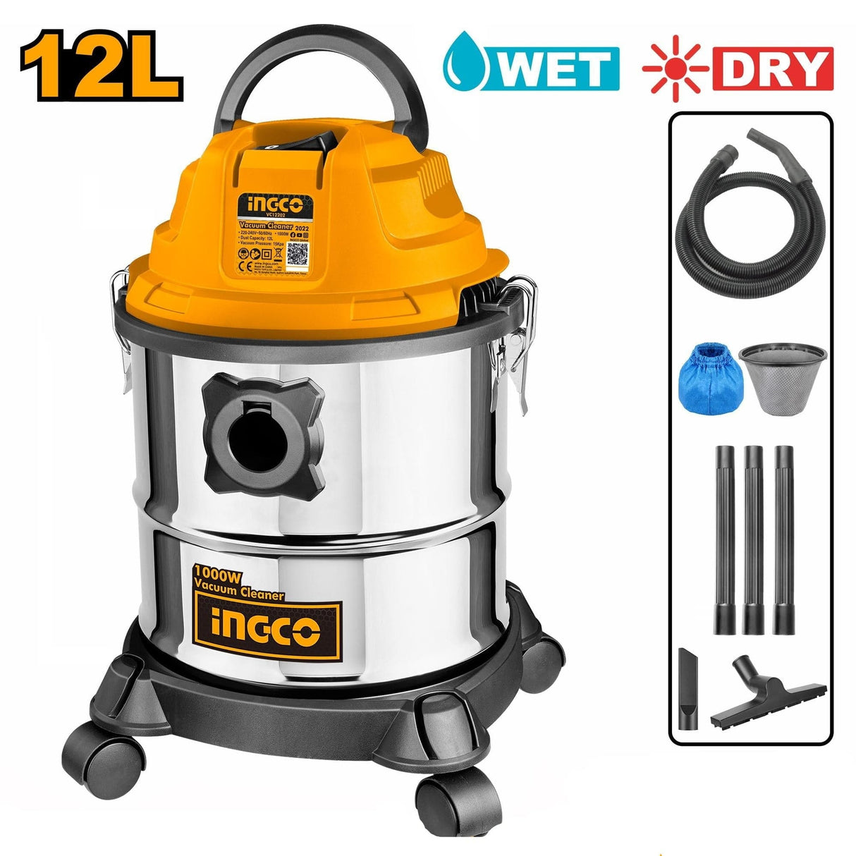 Ingco Steam & Vacuum Cleaner Ingco Wet & Dry Vacuum Cleaner 12 Liters 1000W - VC12202