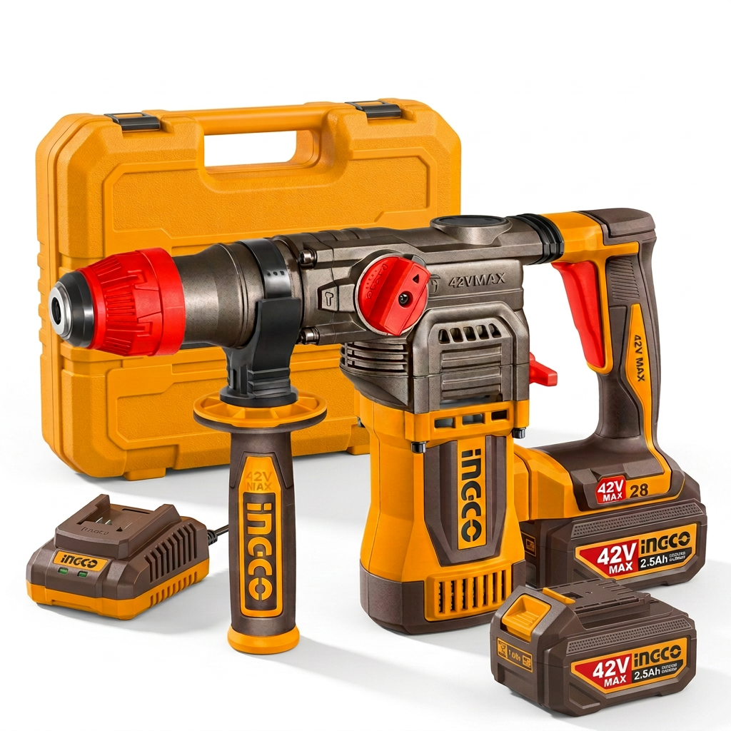 Ingco rotary hammer kit on white with two batteries, charger, and case