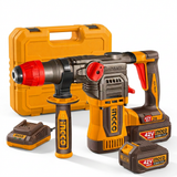 Ingco rotary hammer kit on white with two batteries, charger, and case