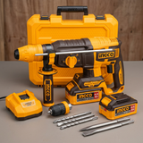 Ingco rotary hammer kit with two 4Ah batteries, charger, interchangeable chuck, drill bits, chisels, and carrying case