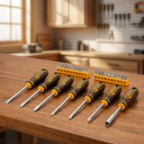 Ingco screwdriver and bit set arranged on a workshop bench