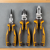 Ingco three-piece high-leverage pliers set laid flat on a workshop mat