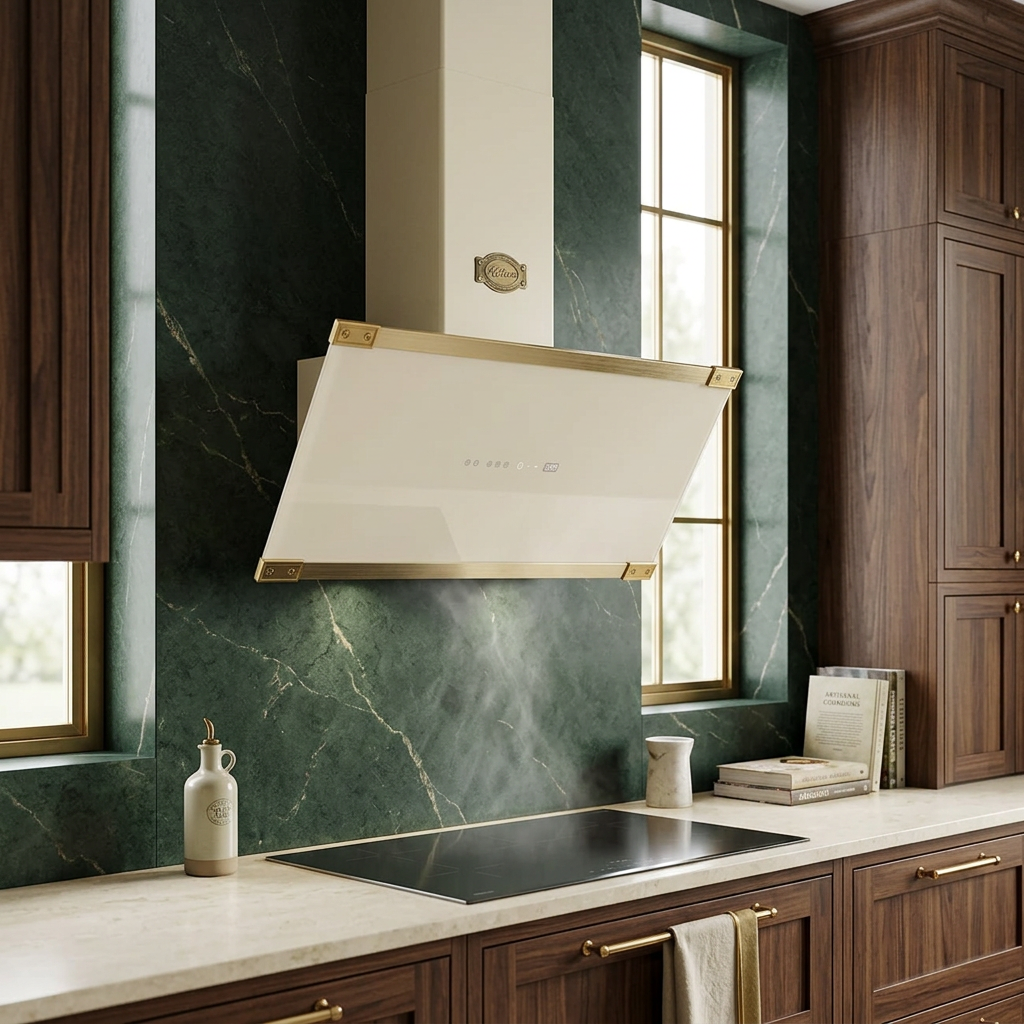 Ivory Art Deco cooker hood in a green-stone and walnut kitchen