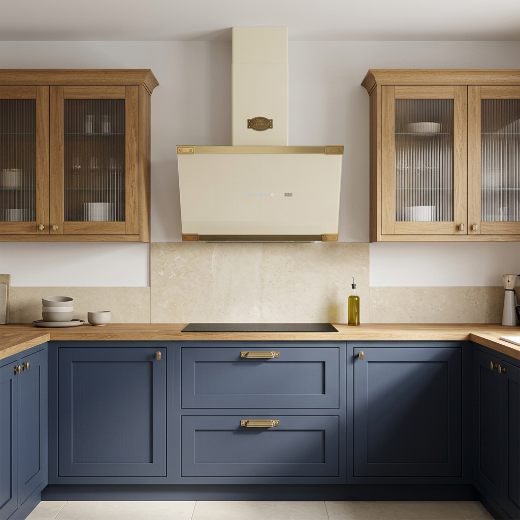 Ivory Art Deco cooker hood in a navy-and-oak kitchen
