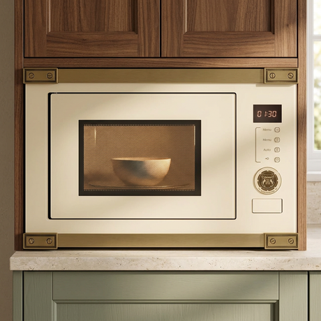 Ivory Kaiser Art Deco microwave in use, with its interior light and countdown display illuminated