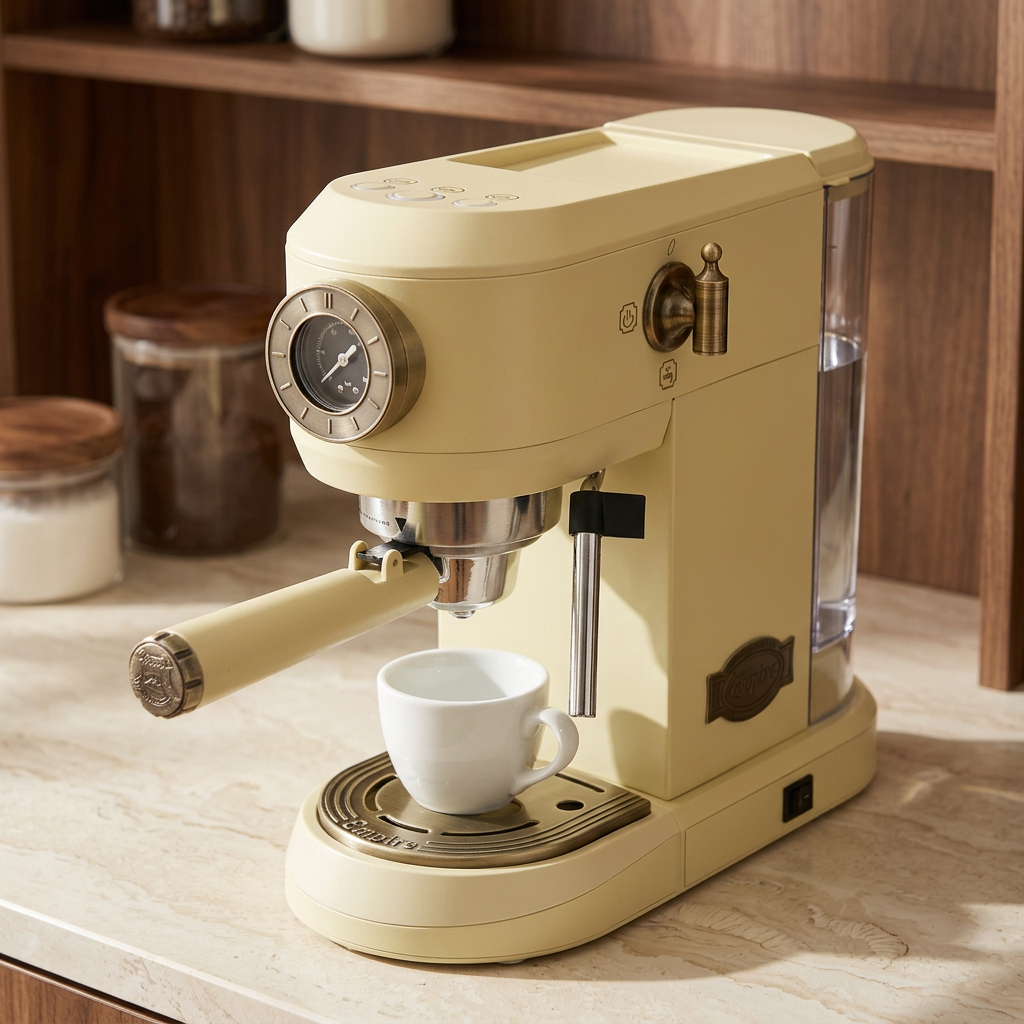 Ivory Kaiser espresso machine at a walnut coffee station