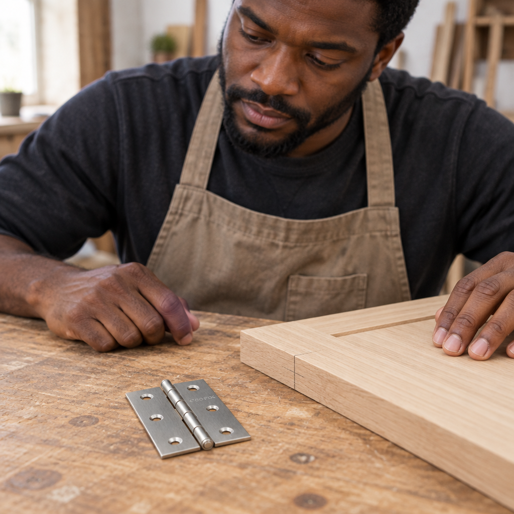 Joiner checking the Coofix hinge beside a cabinet door on a workbench
