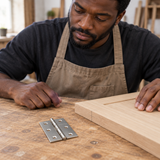 Joiner checking the Coofix hinge beside a cabinet door on a workbench