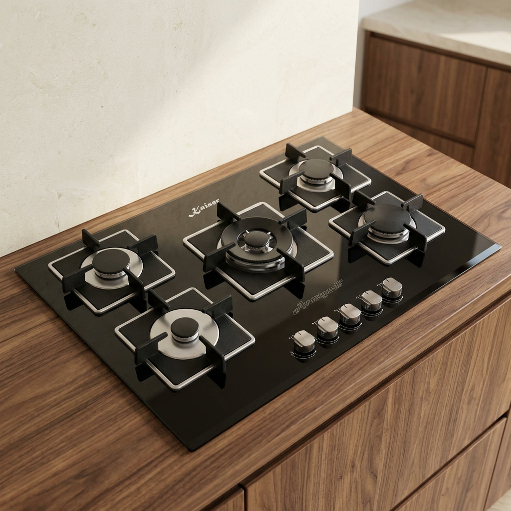 Kaiser 77cm black gas hob installed in a walnut countertop